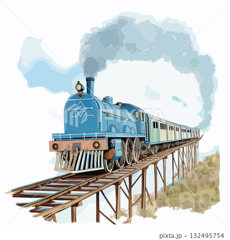 Train to the Clouds. Train to the Clouds hand drawn watercolor illustration 132495754