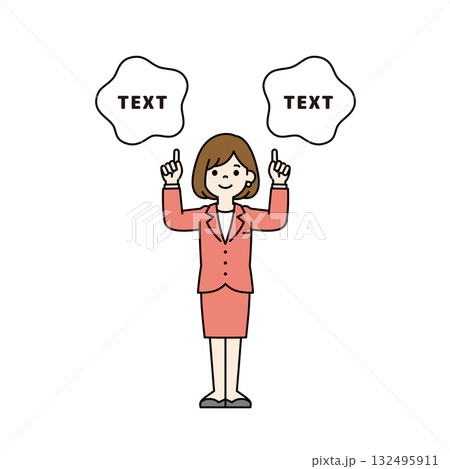 指をさして解説する、スーツを着た若い女性社員のシンプルな全身ベクターイラスト素材＿カラー 132495911