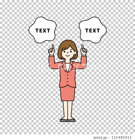 指をさして解説する、スーツを着た若い女性社員のシンプルな全身ベクターイラスト素材＿カラー 132495911