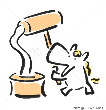 臼と杵で餅つきをするかわいい白馬　正月素材　墨絵　手描き 132496041