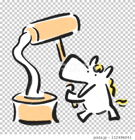 臼と杵で餅つきをするかわいい白馬　正月素材　墨絵　手描き 132496041