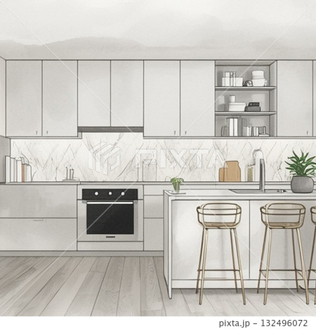 おしゃれなカウンター付きキッチンのインテリアデザイン 132496072