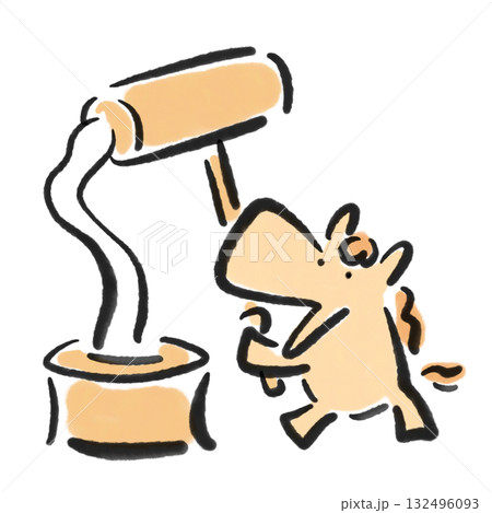 臼と杵で餅つきをするかわいい馬 正月素材 墨絵 手描き 臼と杵で餅つきをするかわいい馬 正月素材 墨絵 手描き 132496093