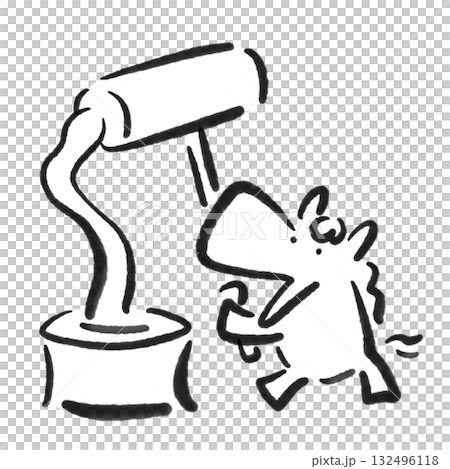 臼と杵で餅つきをするかわいい馬　正月素材　墨絵　手描き　モノクロ 132496118