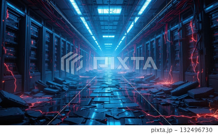 Critical Error Glowing Red Electric Discharge Server Room Ruin 132496730