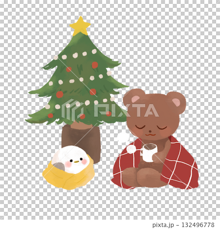 クリスマスツリーとくまとシマエナガ クリスマスツリーとくまとシマエナガ 132496778