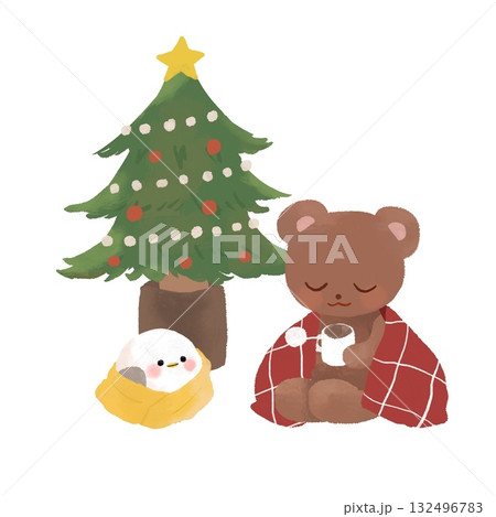クリスマスツリーとくまとシマエナガ 132496783