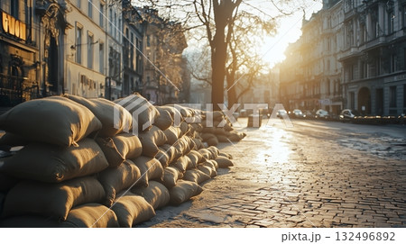 Sandbags stacked along a street at sunset in a historic urban area 132496892