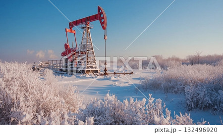 Winter scene with oil pump jack in snowy landscape at sunrise in a cold region 132496920