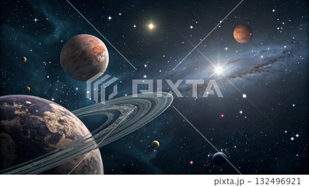 Diverse planets and stars populate a vast nebula with a ringed planet prominently displayed in the foreground 132496921