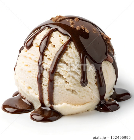 Creamy vanilla ice cream scoop drizzled with rich chocolate sauce and sprinkles 132496996