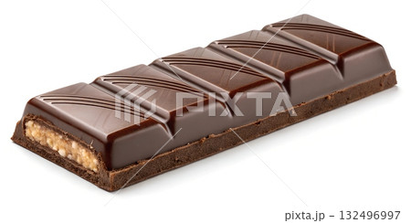 Dark chocolate bar with crunchy nut filling and ribbed segments against white background 132496997