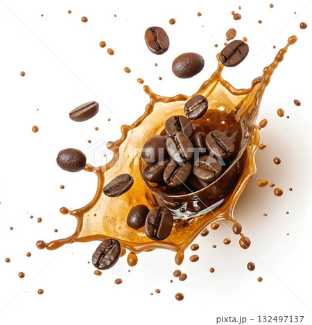 Coffee beans splashing into liquid suspended mid air with droplets Coffee splash 132497137