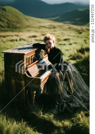 A woman is sitting on a piano in a field 132497250