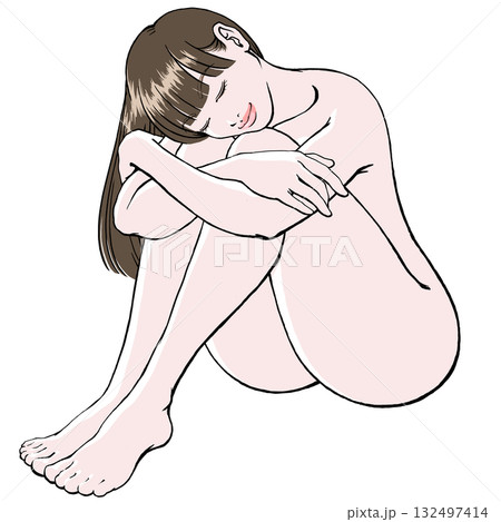 目を閉じて微笑む体育座りの若い女性その2_裸_影無し 目を閉じて微笑む体育座りの若い女性その2_裸_影無し 132497414