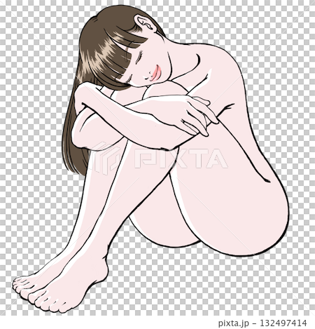 目を閉じて微笑む体育座りの若い女性その2_裸_影無し 目を閉じて微笑む体育座りの若い女性その2_裸_影無し 132497414