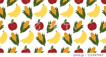 Corn Bunch Banana and Apple Seamless Pattern Banner Format Kwanzaa Greeting Backdrop Seasonal Fruits 132497487