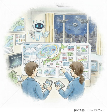 水彩画 AIのある暮らし：危機管理と災害対策を支援するAIとドローン　気象観測とAI予測 132497520