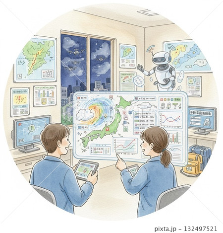 水彩画 AIのある暮らし：危機管理と災害対策を支援するAIとドローン　気象観測とAI予測 132497521