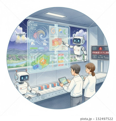水彩画 AIのある暮らし:危機管理と災害対策を支援するAIとドローン 気象観測とAI予測 水彩画 AIのある暮らし:危機管理と災害対策を支援するAIとドローン 気象観測とAI予測 132497522
