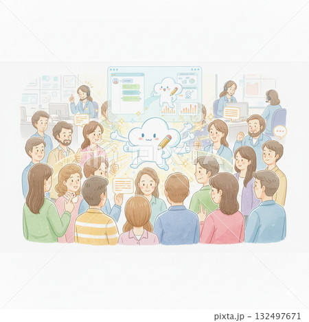 水彩画 AIのある暮らし：コールセンター業務を支援するクラウドAIとオペレーター　AIやデジタル技術 132497671