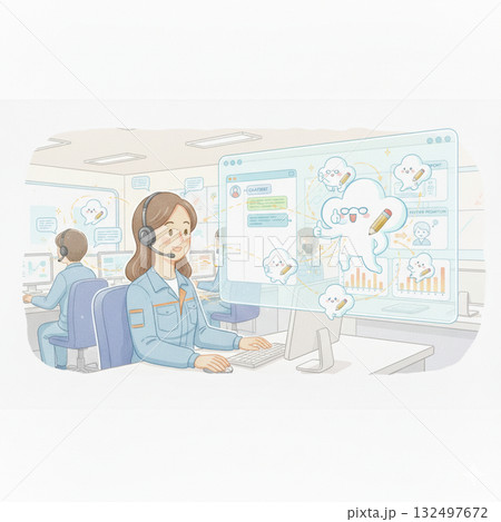 水彩画 AIのある暮らし:コールセンター業務を支援するクラウドAIとオペレーター AIやデジタル技術 水彩画 AIのある暮らし:コールセンター業務を支援するクラウドAIとオペレーター AIやデジタル技術 132497672