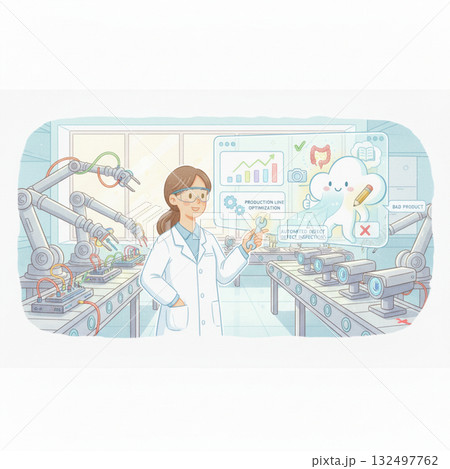 水彩画 AIのある暮らし:生産ライン最適化と自動欠陥検査を行う研究者 AIによる品質管理・検査 水彩画 AIのある暮らし:生産ライン最適化と自動欠陥検査を行う研究者 AIによる品質管理・検査 132497762