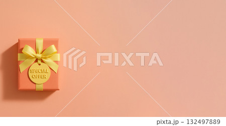 Gift box with yellow ribbon and special offer tag on pastel background Gift box with yellow ribbon and special offer tag on pastel background 132497889