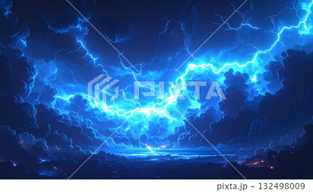 黒の闇を裂く青い雷のエネルギー背景 132498009