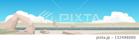 Landscape of smooth asphalt road. On dry area of sand. And interspersed with strange rocks. Under the blue sky and white clouds. For banner background. Landscape of smooth asphalt road. On dry area of sand. And interspersed with strange rocks. Under the blue sky and white clouds. For banner background. 132498089