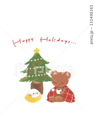 クリスマスツリーとシマエナガとくま クリスマスツリーとシマエナガとくま 132498165