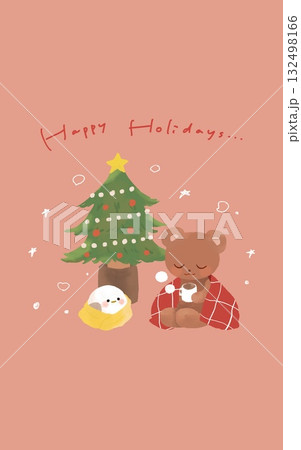 クリスマスツリーとシマエナガとくま クリスマスツリーとシマエナガとくま 132498166