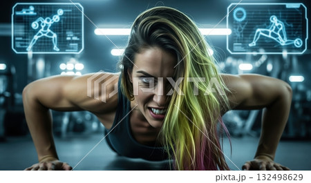 Intense Woman Performs Push-ups in Futuristic High-Tech Gym Intense Woman Performs Push-ups in Futuristic High-Tech Gym 132498629