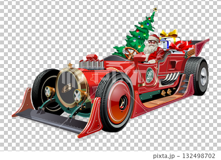 Vector Santa driving Christmas custom fiction retro race car concept 132498702