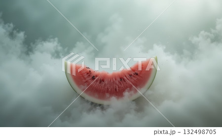Minimalist Watermelon Slice Surrounded by Cool Fog and Clouds Minimalist Watermelon Slice Surrounded by Cool Fog and Clouds 132498705