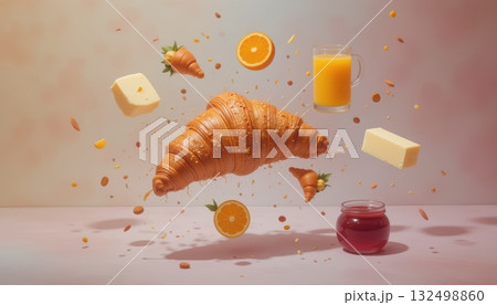 Deconstructed Breakfast with Flying Croissant Butter Almonds and Orange Juice Deconstructed Breakfast with Flying Croissant Butter Almonds and Orange Juice 132498860