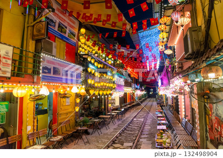 Lively Hanoi Train Street Cafes at Night Lively Hanoi Train Street Cafes at Night 132498904