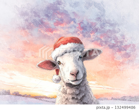 Sheep wearing Santa hat in winter landscape with colorful sunset for Christmas celebration 132499486