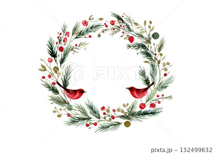 Watercolor illustration of a festive Christmas wreath with red birds and seasonal foliage 132499632