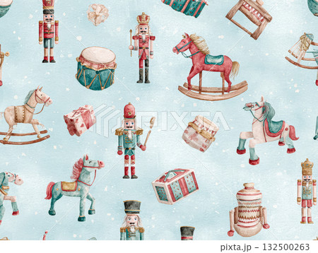 Colorful Christmas illustration featuring nutcrackers, rocking horses, drums, and gift boxes on a light blue background, evoking festive holiday spirit and joy Colorful Christmas illustration featuring nutcrackers, rocking horses, drums, and gift boxes on a light blue background, evoking festive holiday spirit and joy 132500263
