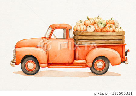 Vintage orange truck filled with pumpkins, symbolizing harvest season and Thanksgiving celebration 132500311