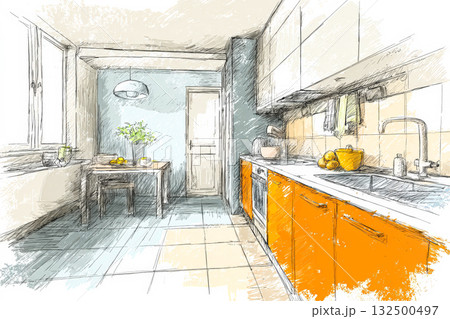 Bright kitchen interior with orange cabinets, a wooden table, and a vase of flowers, showcasing a modern design and inviting atmosphere for culinary activities and gatherings 132500497