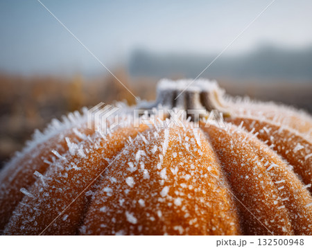 Frost-covered pumpkin resting in a misty autumn field, showcasing seasonal harvest beauty 132500948
