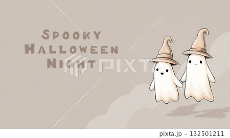 Cute ghost characters in whimsical hats celebrating spooky Halloween night with playful atmosphere Cute ghost characters in whimsical hats celebrating spooky Halloween night with playful atmosphere 132501211