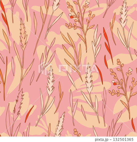Floral brush strokes seamless pattern. Miscanthus sinensis vector illustration for fashion textile, graphics, backgrounds and crafts 132501365
