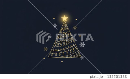 手描き風の金色ラインで描かれたクリスマスツリーと雪の結晶のシンプルな背景イラスト 手描き風の金色ラインで描かれたクリスマスツリーと雪の結晶のシンプルな背景イラスト 132501388
