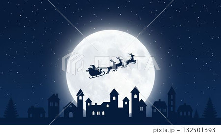 満月の夜にトナカイとそりで飛ぶサンタクロースのシルエットと街並みのクリスマスイラスト 満月の夜にトナカイとそりで飛ぶサンタクロースのシルエットと街並みのクリスマスイラスト 132501393