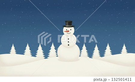 冬の雪景色の中に立つシルクハットをかぶった雪だるまのシンプルなイラスト 132501411