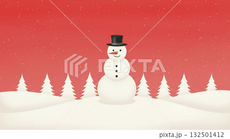 冬の雪景色の中に立つシルクハットをかぶった雪だるまのシンプルなイラスト 132501412