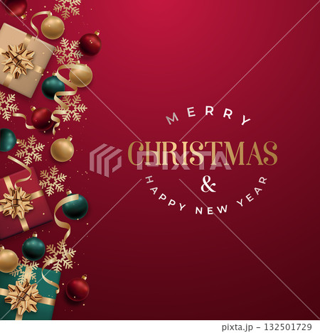 Merry Christmas and Happy New Year text with festive decorations 132501729